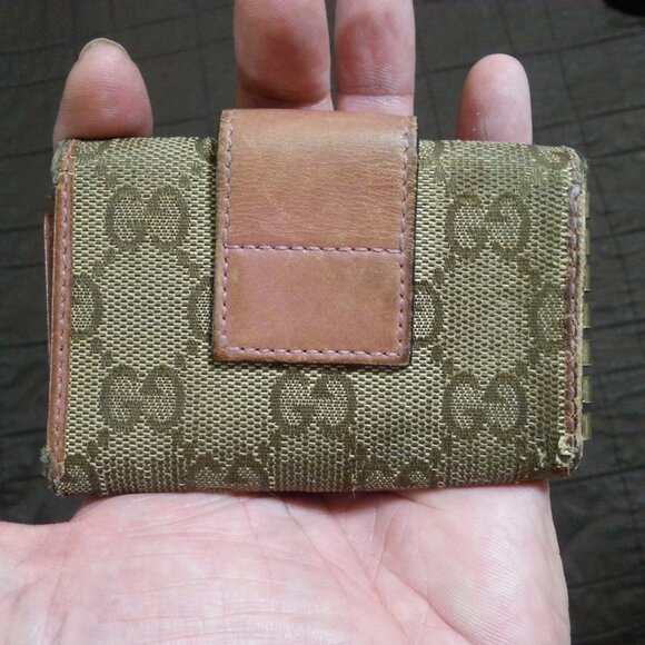 Vintage Gucci Key Holder Gold Heart Monogram Canvas Denim Tan Pink Snap - Picture 2 of 15